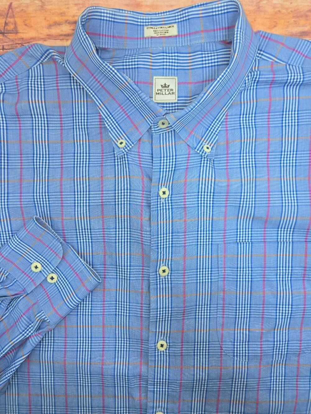 Peter Millar Mens XXL Button-Down Shirt Blue Plaid Long Sleeve 100% Cotton